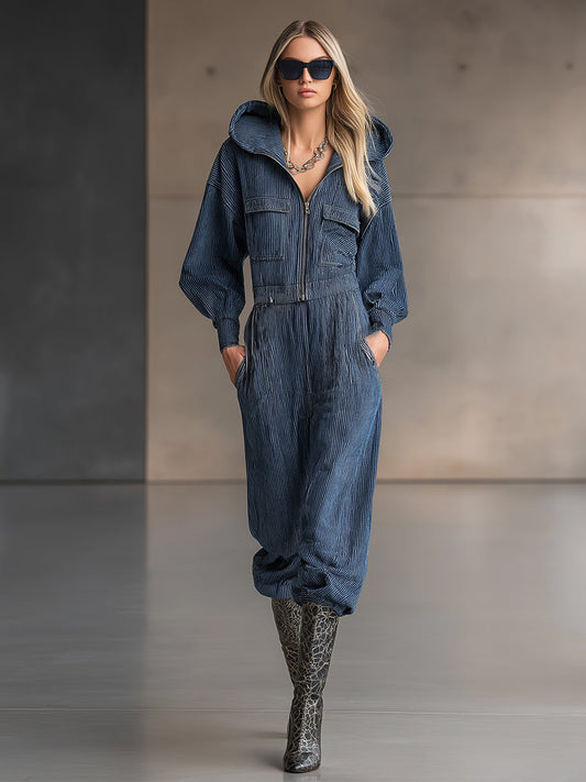 Fashionable Casual Blue Striped Denim Long-sleeved Wide-leg Jumpsuit