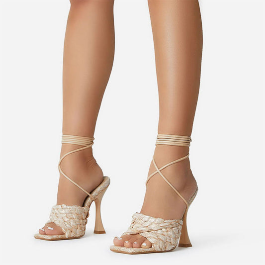 Beige Square Toe 4'' Flared Heel Lace Up Sandals