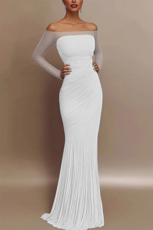 Evening Prom Gown Off Shoulder Glitter Pleated Light Blue Maxi Dress