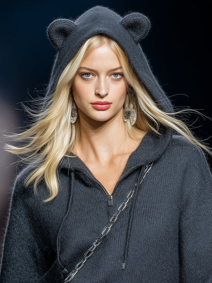 Fashionable Dark Grey Bear Ear Hooded Sweater