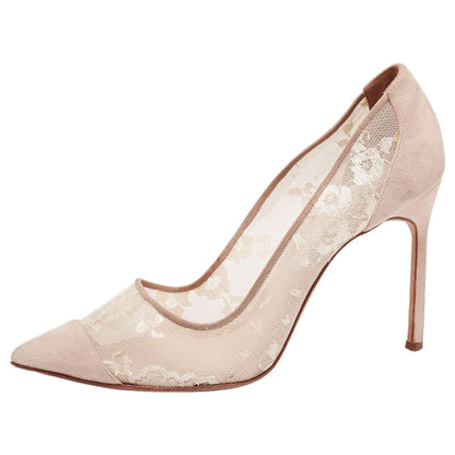 Floral Lace Mesh Pointed Toe Stiletto Heel Pumps Shoes in Nude