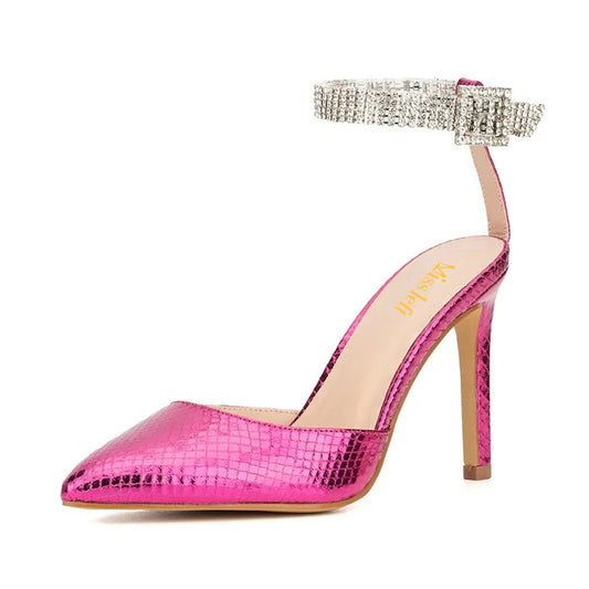 Fuchsia Snake Embossed Rhinestone Strap Stiletto Heel Pumps Shoes
