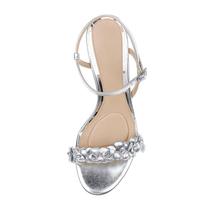Ankle Strap Open Toe Flower Decor Women's Heel Sandals in Silver