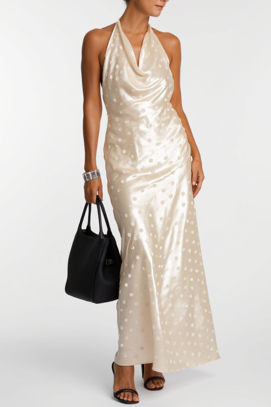 Formal Wedding Guest Dress Satin Dot Champagne Halter Neck Maxi Dress