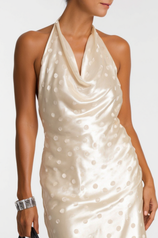 Formal Wedding Guest Dress Satin Dot Champagne Halter Neck Maxi Dress