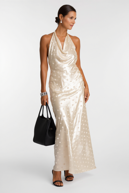 Formal Wedding Guest Dress Satin Dot Champagne Halter Neck Maxi Dress