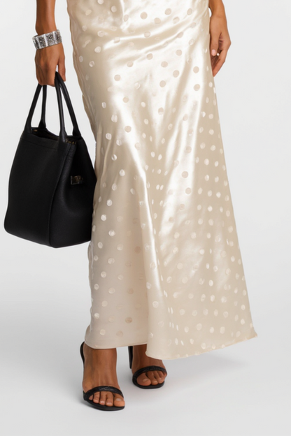 Formal Wedding Guest Dress Satin Dot Champagne Halter Neck Maxi Dress