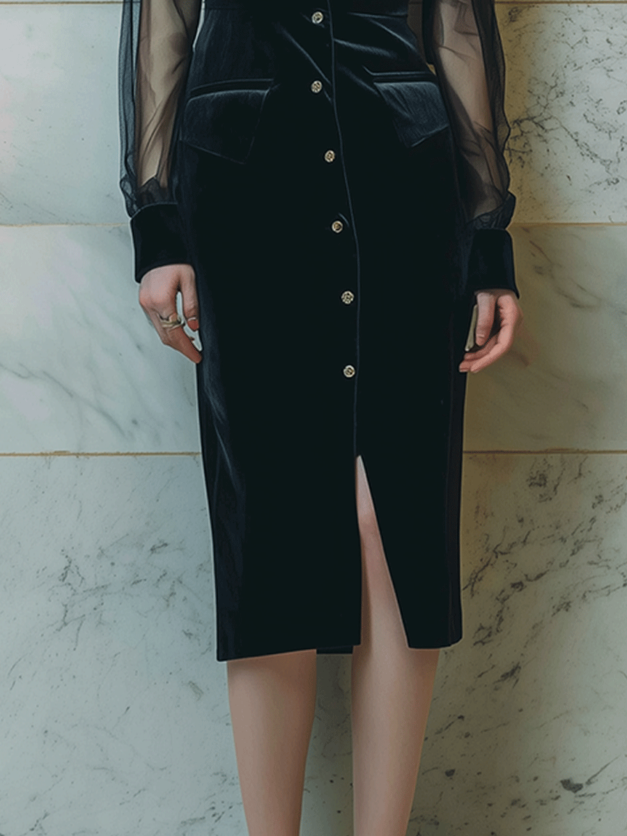 Elegant Black Velvet Button Midi Dress