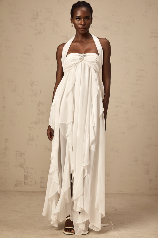 Mariah White Chiffon Ruffle Halterneck Maxi Dress