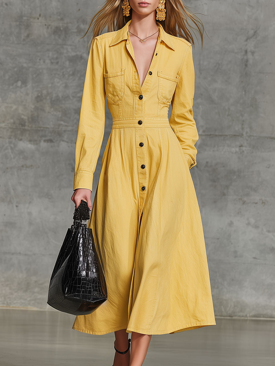 Fashion Retro Long Sleeve Trench Coat Style Yellow Denim Midi Dress