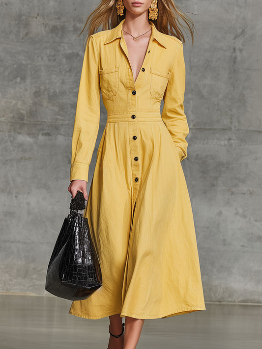 Fashion Retro Long Sleeve Trench Coat Style Yellow Denim Midi Dress