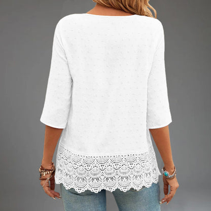 Everyday Swiss Dot V Neck 3/4 Sleeve Guipure Lace Blouse