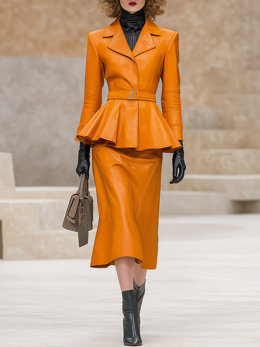 Fashionable And Exquisite Round Neck Ruffled Jacket And Skirt Orange Faux Leather Suit