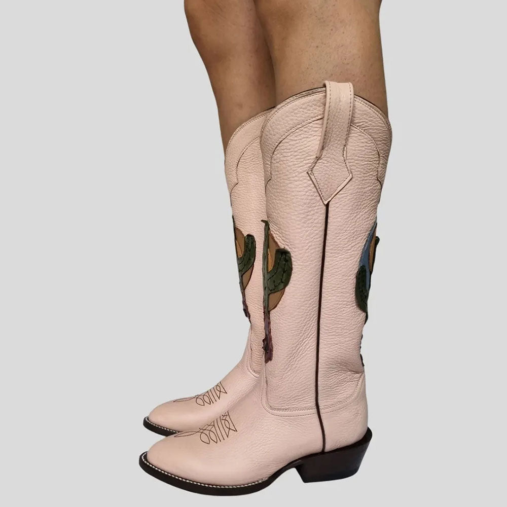 Faux Leather Snip Toe Block Heel Light Pink Cowgirl Boots for Women