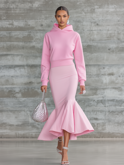 Elegant Hooded Sweatshirt And Mermaid Skirt Set