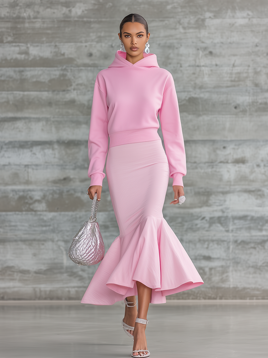 Elegant Hooded Sweatshirt And Mermaid Skirt Set