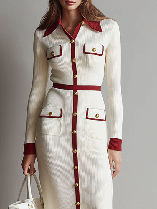 Elegant Lapel Contrast Shirt-style Knitted Midi Dress