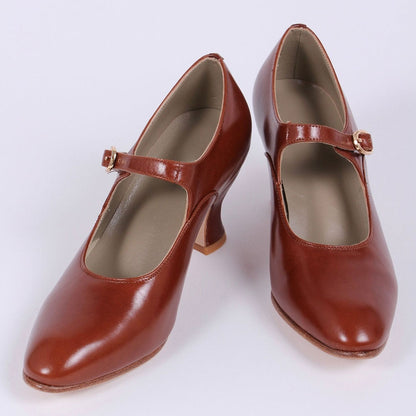 Elegant Faux Leather Brown Round Toe Heeled Mary Janes with Buckle