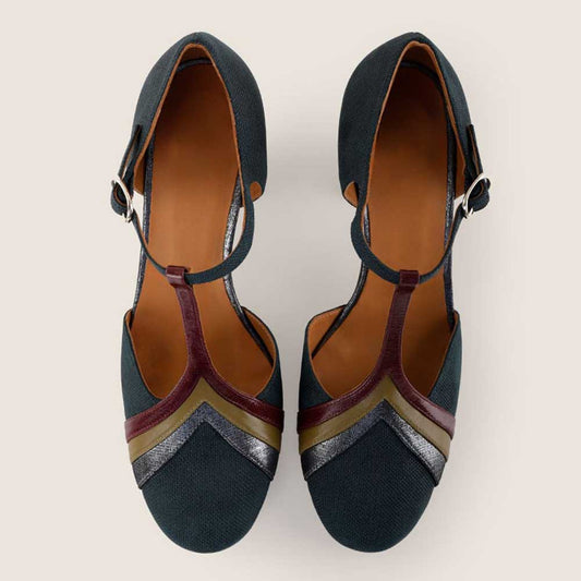Dark Teal Buckle T-Strap Chunky Heel Pumps Shoes with Colorful Stripes