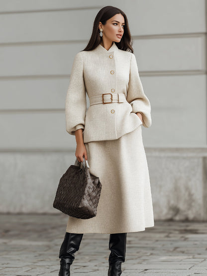 Beige Belted Midi Set With Structured Sleeves