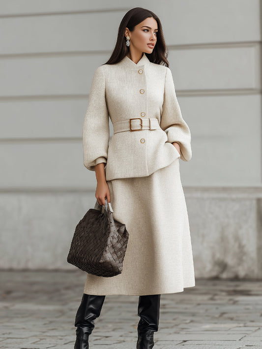 Beige Belted Midi Set With Structured Sleeves