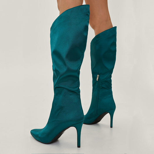 Dark Teal Satin Pointed Toe Elegant Stiletto Heel Tall Boots