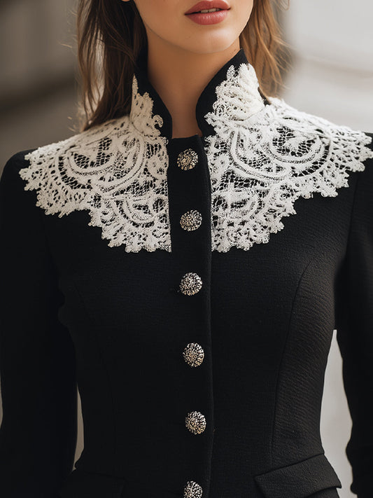 Elegant Black Tailored Blazer With Vintage Lace Collar