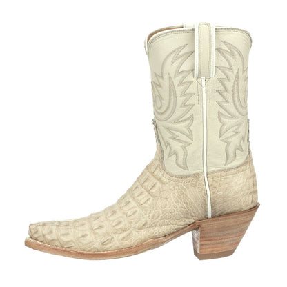 Beige Croco Embossed Pointed Toe Mid-Calf Embroidered Chunky Boots