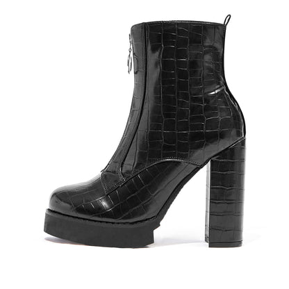 Full Black Croco Embossed Chunky Heel Platform Ankle Boots with Zip