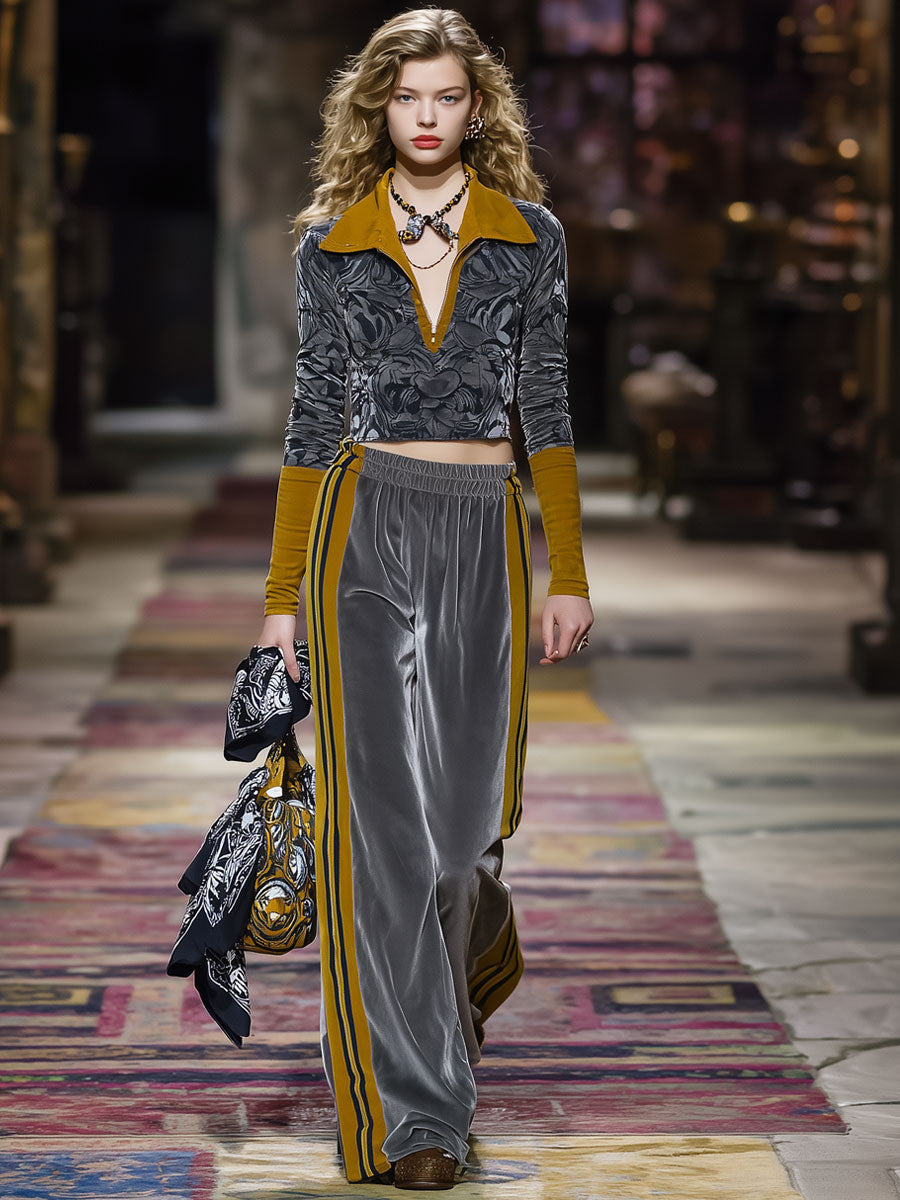 Fashionable Silver Velvet Embossed Polo Shirt Wide-Leg Pants Sports Set