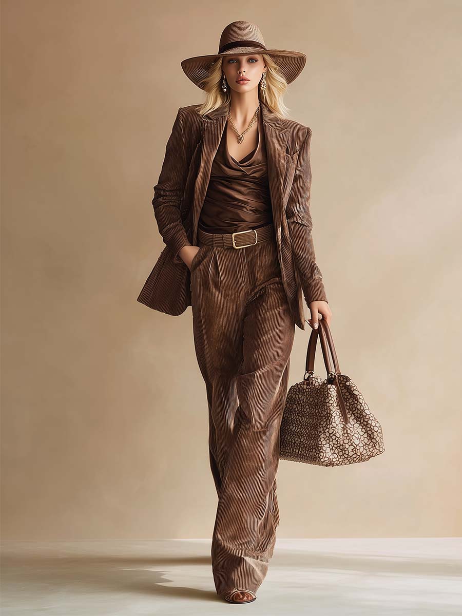 Elegant Classic Brown Corduroy Suit And Trousers Set