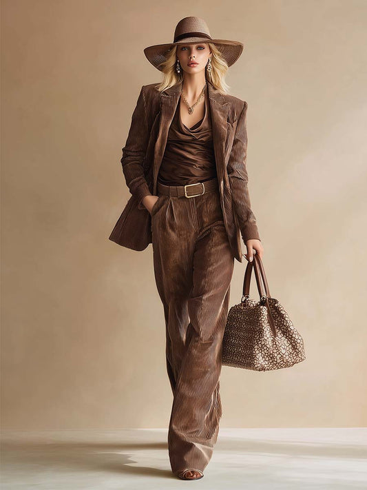 Elegant Classic Brown Corduroy Suit And Trousers Set