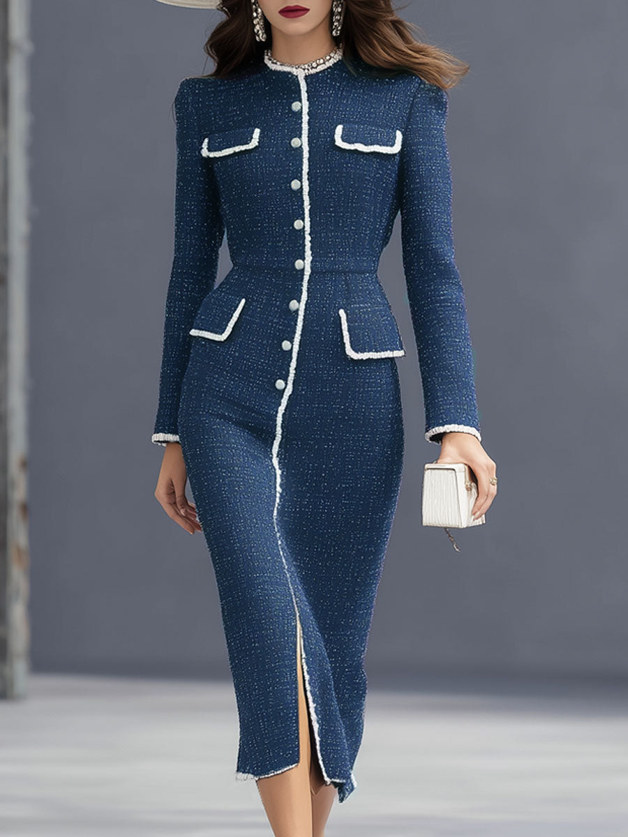 Elegant Textured Fabric Multi-pocket Round Neck Long-sleeved Midi Dress