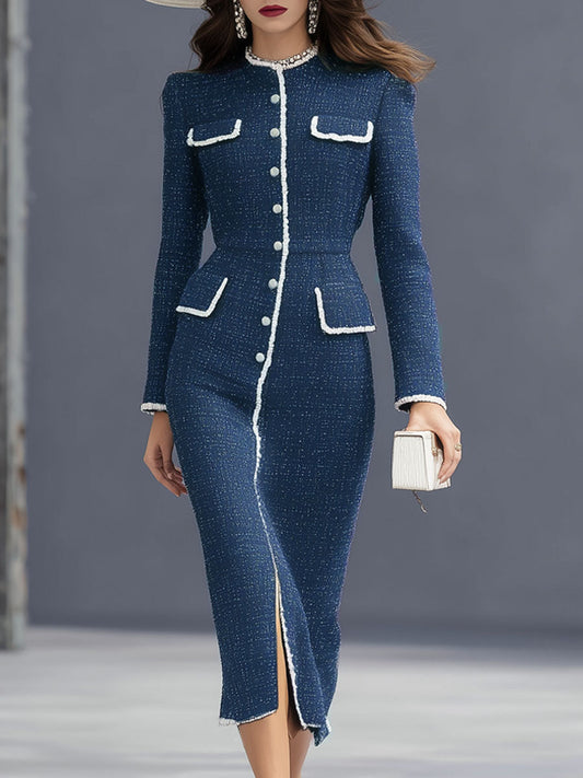 Elegant Textured Fabric Multi-pocket Round Neck Long-sleeved Midi Dress