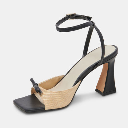 Beige & Black Open Square Toe Flared Heel Ankle Strap Women's Sandals