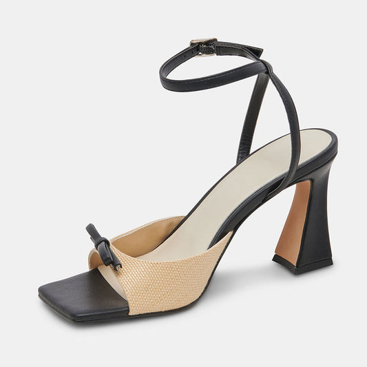 Beige & Black Open Square Toe Flared Heel Ankle Strap Women's Sandals