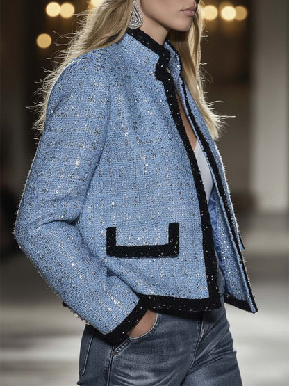 Elegant And Fashionable Blue Sequined Tweed Jacket