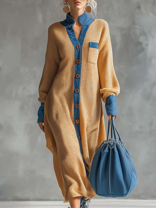 Fashionable Loose Denim Trim Ginger Cardigan-style Knitted Maxi Dress