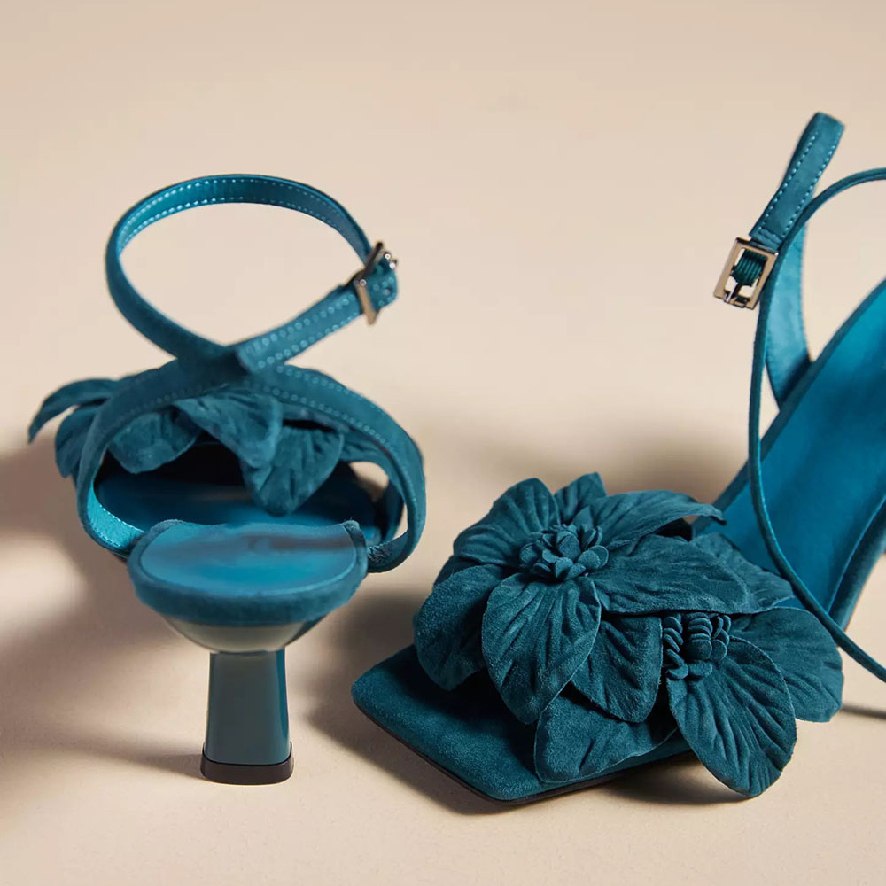 Fashion Teal Square Toe Ankle Strap Heeled Sandals with Floral Decor