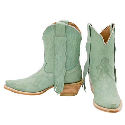 Faux Leather Snip Toe Block Heel Short Green Cowgirl Boots for Women
