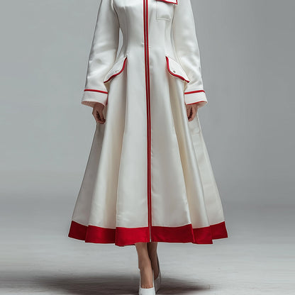 Ursime Contrast Binding Flap Pocket Long Sleeve Coat Midi Dress