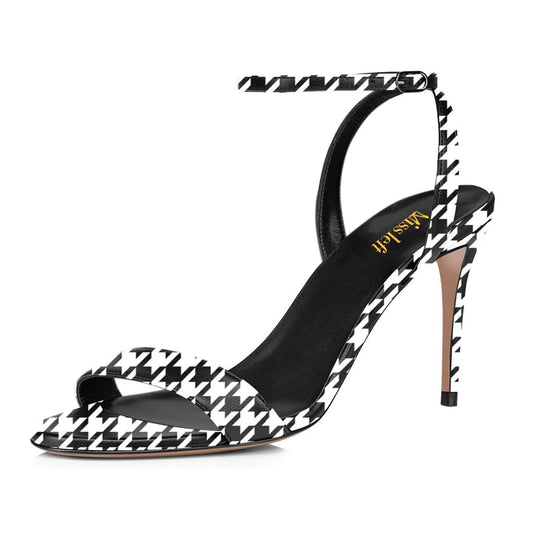 Fashion Houndstooth Buckle Strap Open Toe Stiletto Heeled Sandals