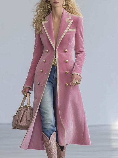 Exquisite Western Retro Large Lapel Front Metal Button Beige Trim Light Pink Velvet Coat