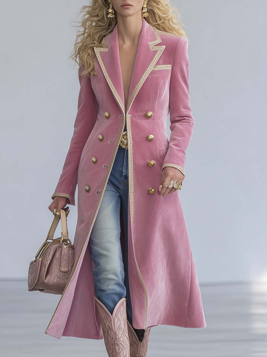 Exquisite Western Retro Large Lapel Front Metal Button Beige Trim Light Pink Velvet Coat