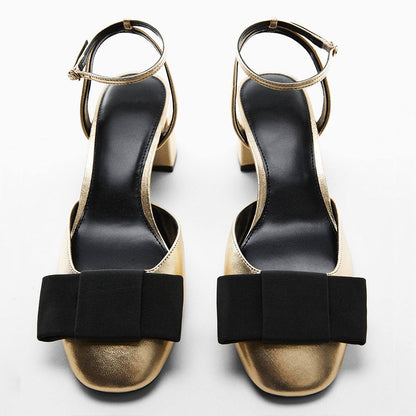 Gold & Black Vegan Leather  Round Toe Ankle Strappy Bow Sandals With Chunky Heels