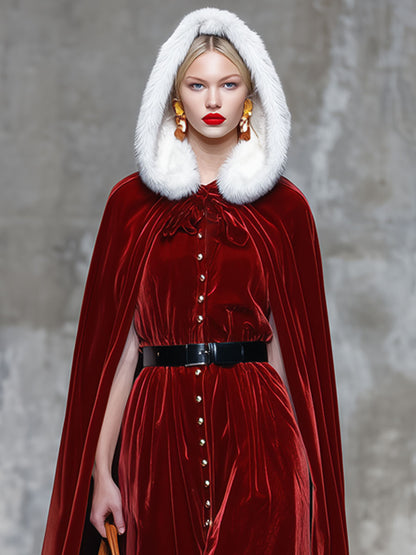 Fashion Retro Red Velvet Hooded Fur Collar Cape Dress Set