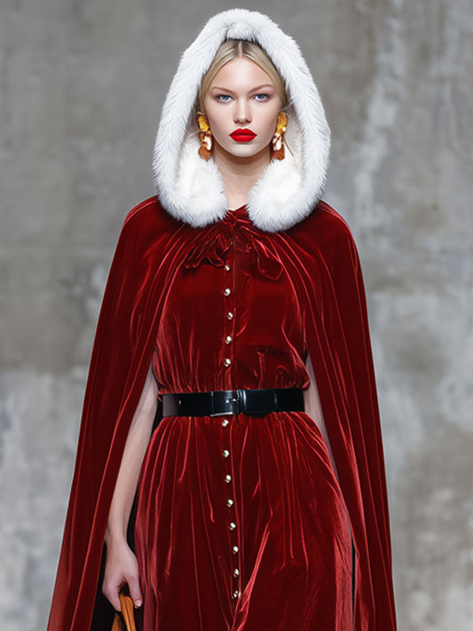 Fashion Retro Red Velvet Hooded Fur Collar Cape Dress Set