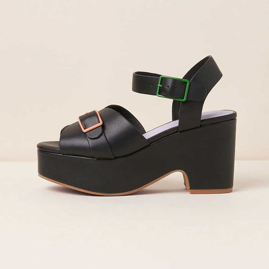 Ankle Strap Buckle Open Toe Block Heel Black Platform Sandals