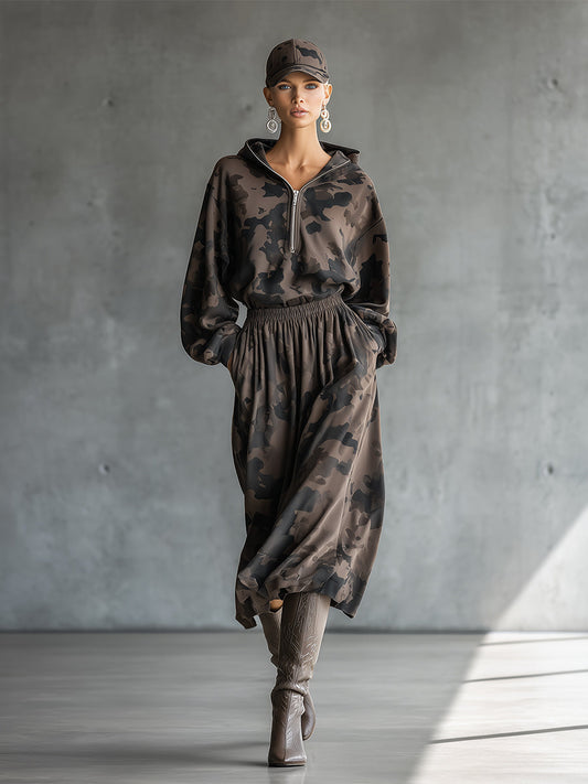 Fashionable Casual Brown Camouflage Print Hooded Half-zip Long-sleeved Midi Dress