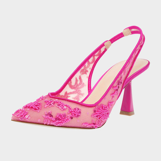 Fuchsia Mesh Beads Sequins Pointed Toe Flared Heel Slingback Shoes